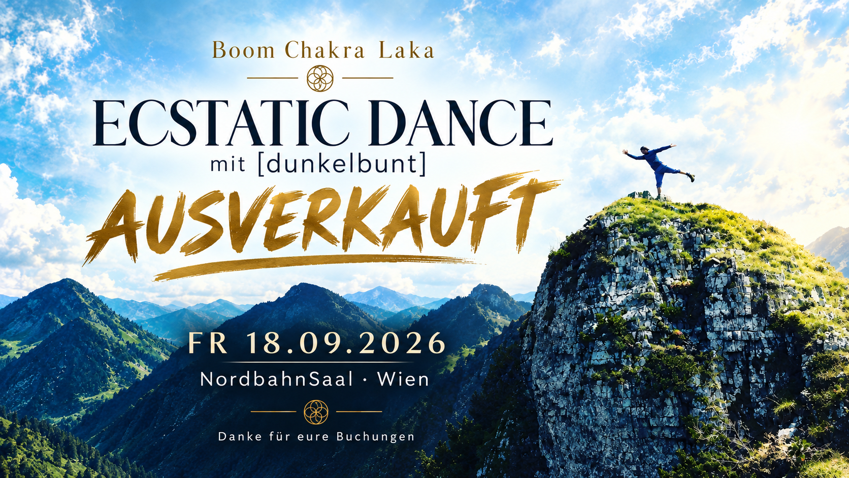 Ecstatic Dance mit [dunkelbunt] bei Boom Chakra Laka: Freitag, 18. September 2026, im NordbahnSaal Wien ausverkauft. Danke für eure Buchungen.